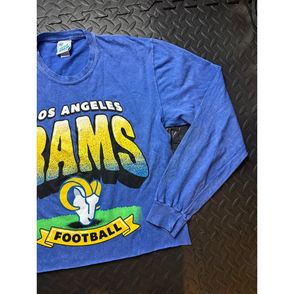 47 Brand Los Angeles Rams Long Sleeve Graphic T-Shirt Blue Mineral Wash Crop Med - Picture 3 of 8